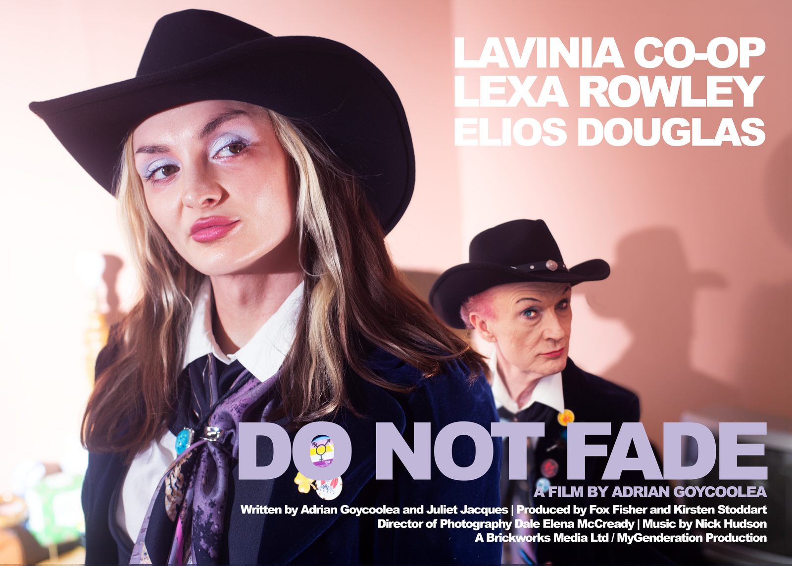 Wide poster. Lexa Rowley in the foreground and Lavinia Co-op behind, both in black cowboy hats, with the title Do Not Fade in lilac.